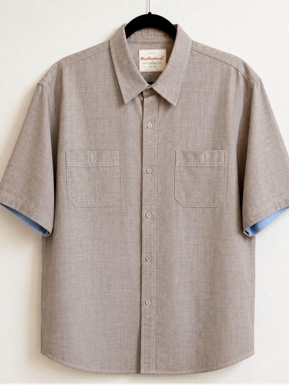 Weatherproof Men's Short-Sleeve Button-Up Shirt in Taupe with Blue Sleeve Lining